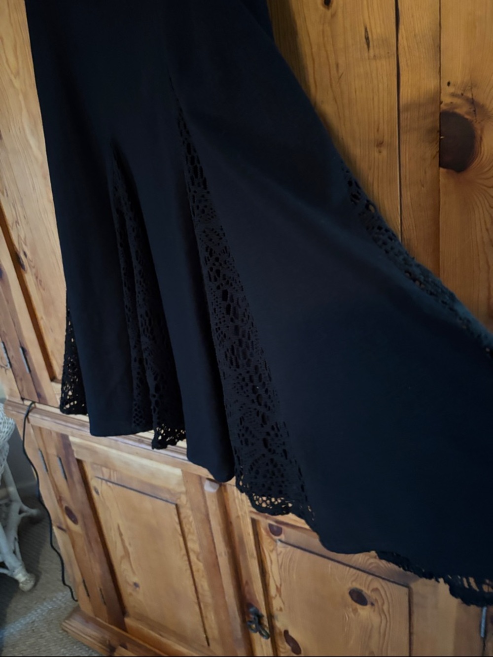 Black boho linen blend fishtail flounce skirt crochet panels! Sz 8 M